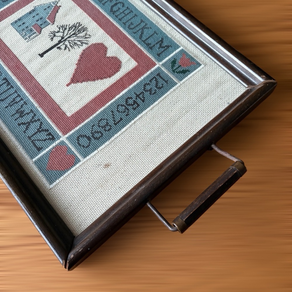 Vintage Handmade Country Sampler Framed Cross-Stitch Alphabet Tray - Picture 3 of 5
